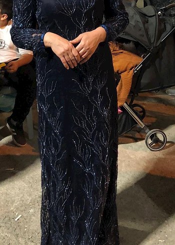 Boncuk İşlemeli Uzun Mavi Kadın Abiye Elbise - Görsel 2