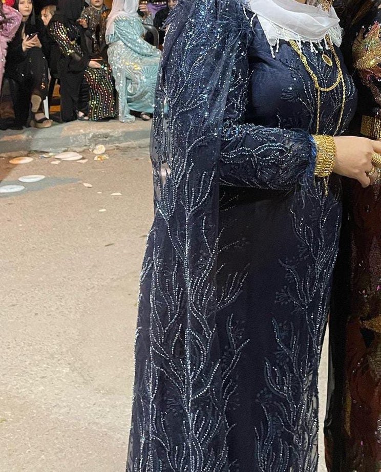 Boncuk İşlemeli Uzun Mavi Kadın Abiye Elbise - Görsel 3