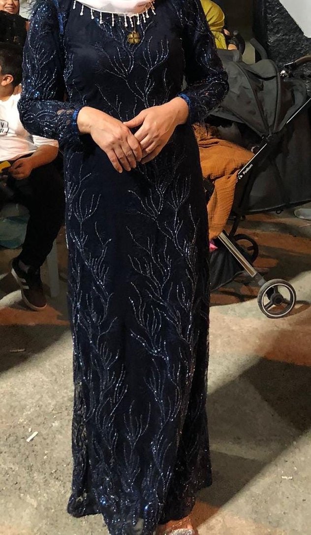 Boncuk İşlemeli Uzun Mavi Kadın Abiye Elbise - Görsel 2