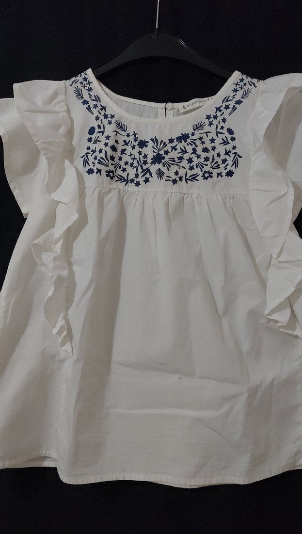 Nakışlı Fırfırlı Kısa Kollu Bohem Bluz - Görsel 4