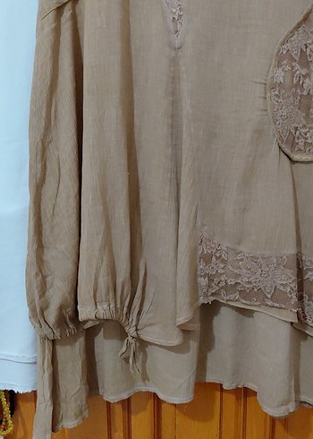 Bej Dantel Detaylı Uzun Keten Elbise - Görsel 5