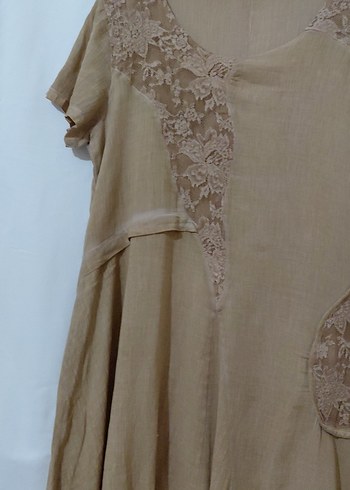 Bej Dantel Detaylı Uzun Keten Elbise - Görsel 4
