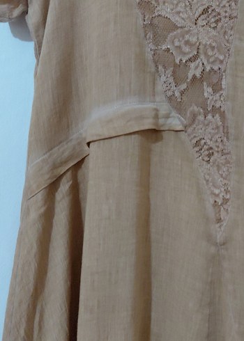 Bej Dantel Detaylı Uzun Keten Elbise - Görsel 6