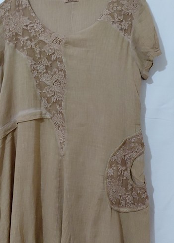 Bej Dantel Detaylı Uzun Keten Elbise - Görsel 3