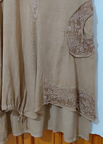 Bej Dantel Detaylı Uzun Keten Elbise - Görsel 2