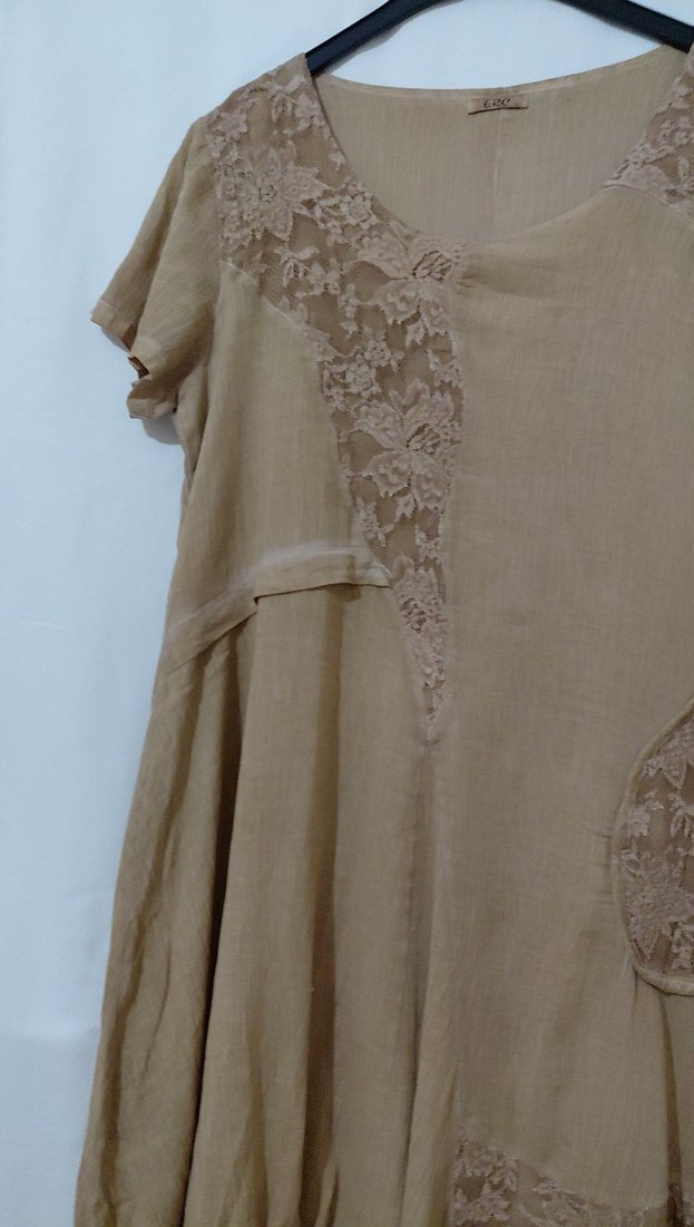 Bej Dantel Detaylı Uzun Keten Elbise - Görsel 4