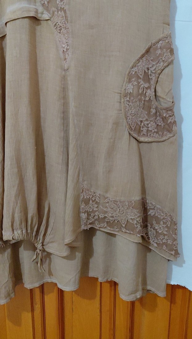 Bej Dantel Detaylı Uzun Keten Elbise - Görsel 2