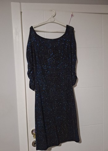 Lacivert simli koton elbise - Görsel 6