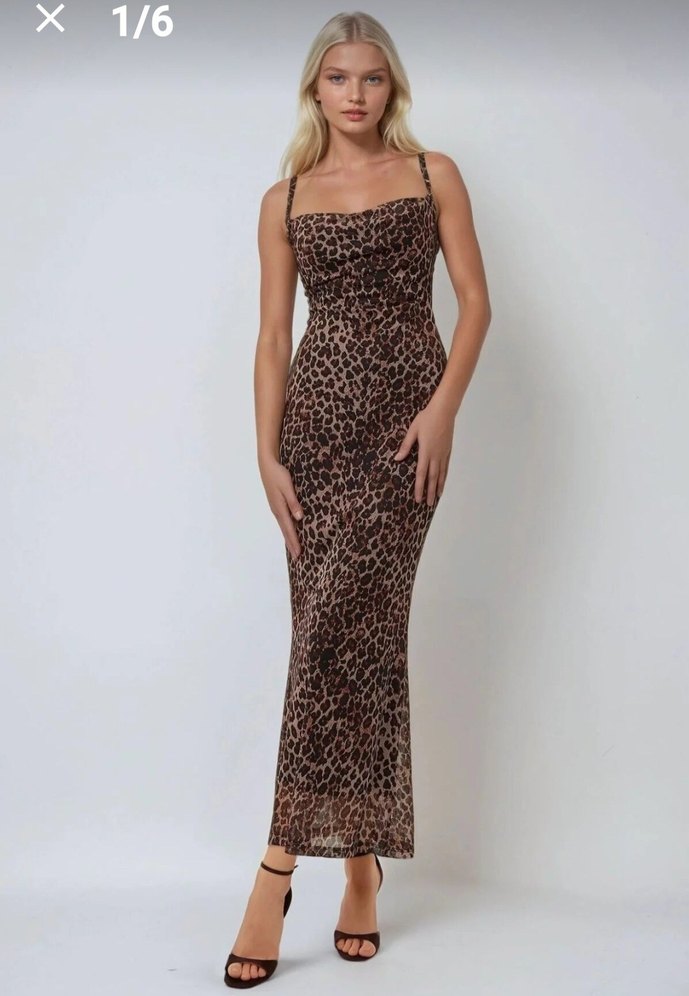 Leopar Desenli Uzun İnce Kadın Elbise - Görsel 2