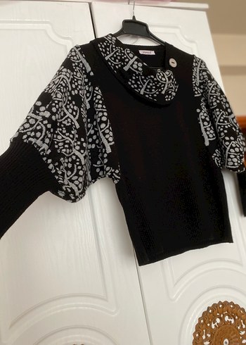 Gri Desenli Siyah Örgü Kadın Kazak - Görsel 2