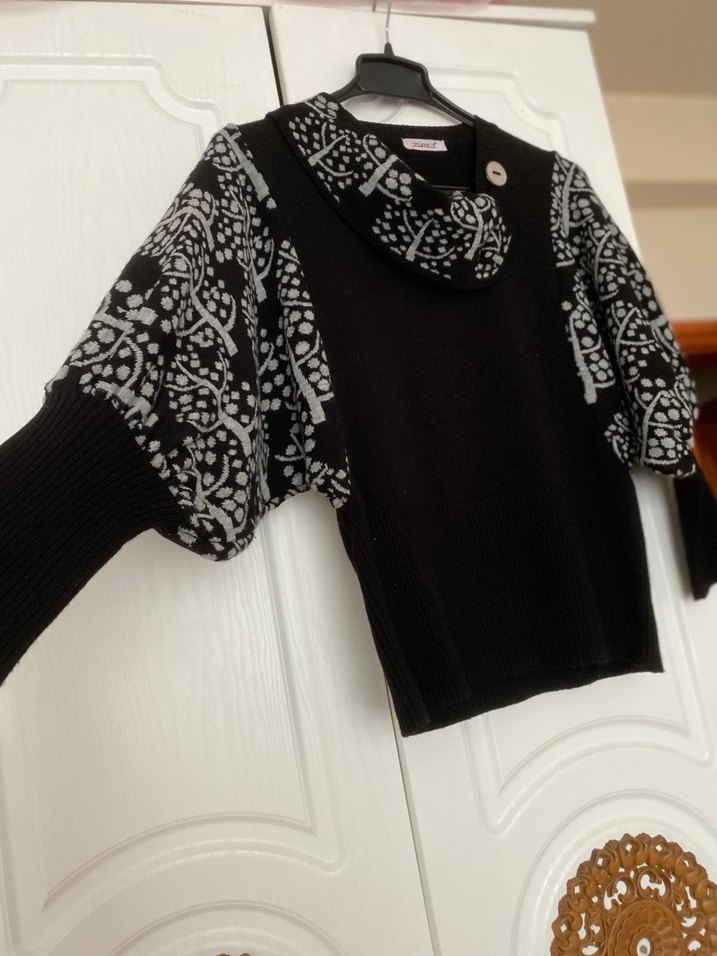 Gri Desenli Siyah Örgü Kadın Kazak - Görsel 2