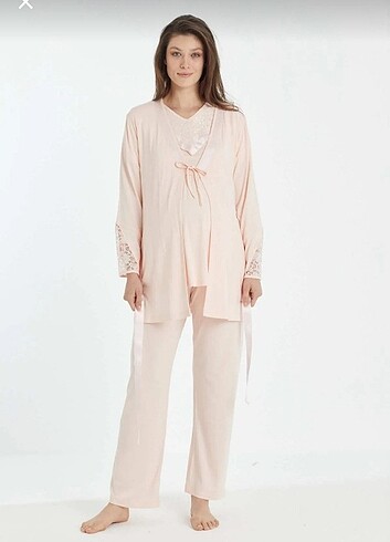 Somon Emzirme Düğmeli Sabahlıklı Lohusa Pijama Takımı 