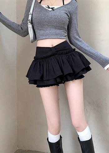 Diğer Siyah Fırfırlı Mini Gotik Etek