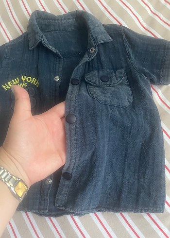 9-12 Ay Beden Erkek Çocuk Gri Kısa Kollu Denim Gömlek