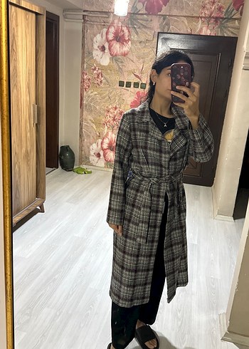 Kadın Ekose Desenli Uzun Düğmeli Kaban - Görsel 2