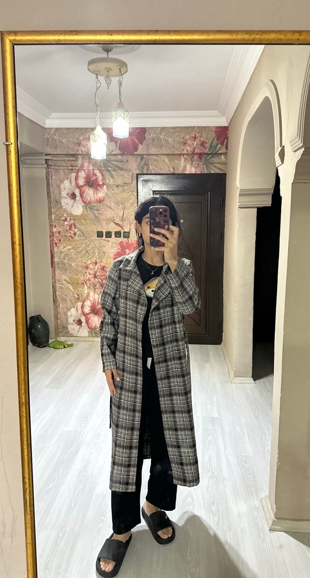 Kadın Ekose Desenli Uzun Düğmeli Kaban - Görsel 4