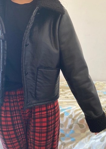 l Beden Siyah Deri, Kürklü Kadın Midi Ceket
