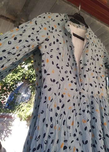 Düğmeli, Uzun Kollu, Bohem Desenli Keten Elbise - Görsel 3