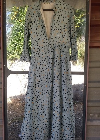 Düğmeli, Uzun Kollu, Bohem Desenli Keten Elbise - Görsel 2