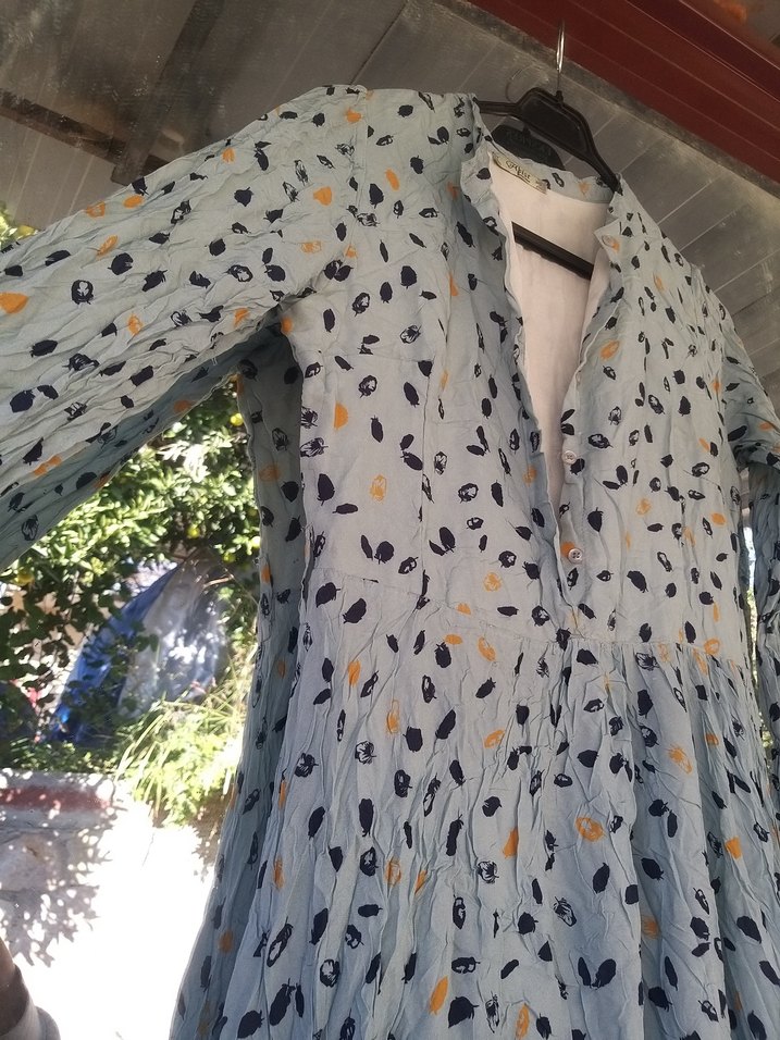 Düğmeli, Uzun Kollu, Bohem Desenli Keten Elbise - Görsel 3