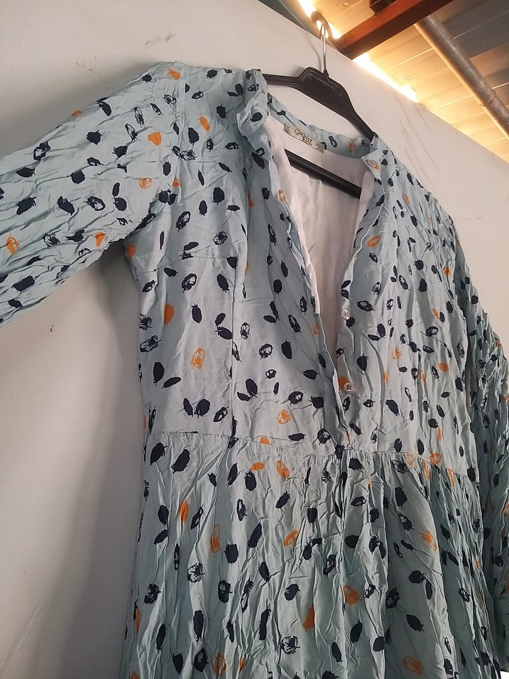 Düğmeli, Uzun Kollu, Bohem Desenli Keten Elbise - Görsel 5