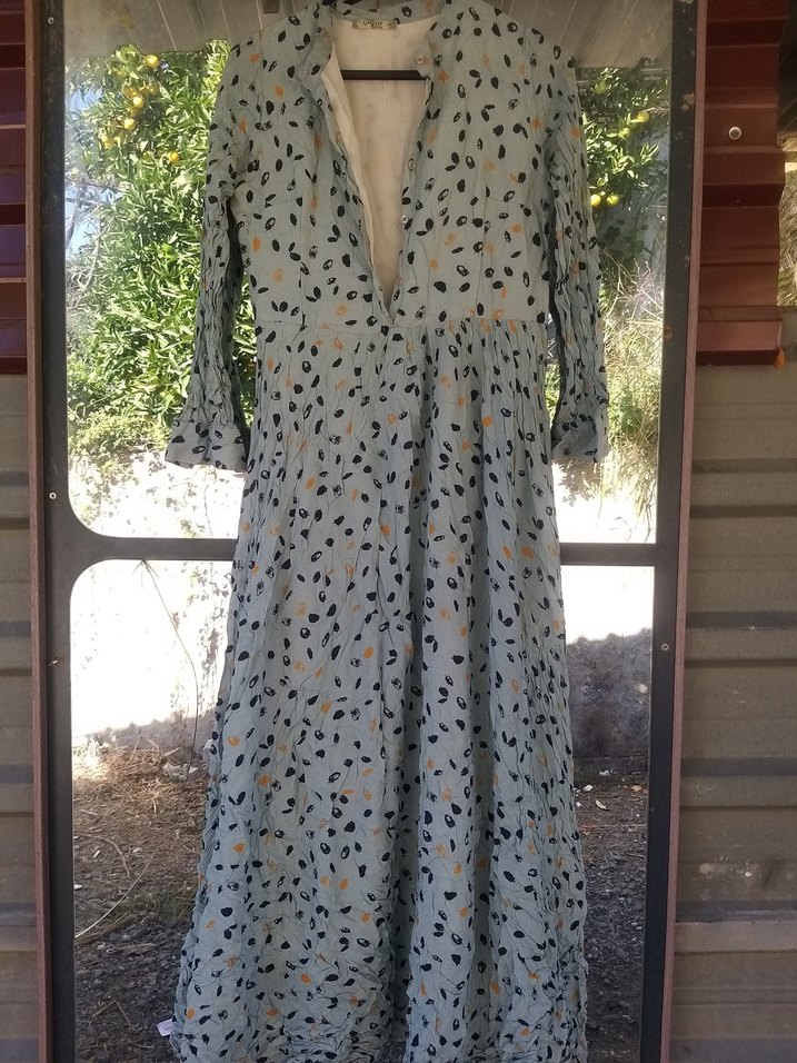 Düğmeli, Uzun Kollu, Bohem Desenli Keten Elbise - Görsel 2