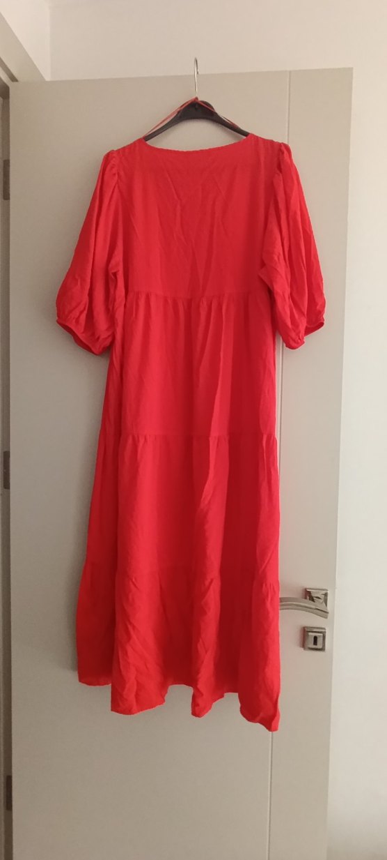 Kırmızı V Yaka Uzun Keten Elbise sıfır ürün - Görsel 2