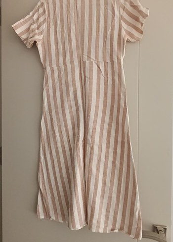 Bej Çizgili Keten Midi Elbise - Görsel 2