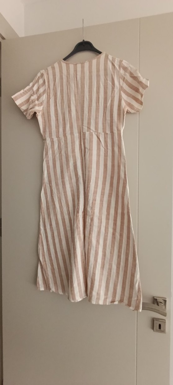 Bej Çizgili Keten Midi Elbise - Görsel 2