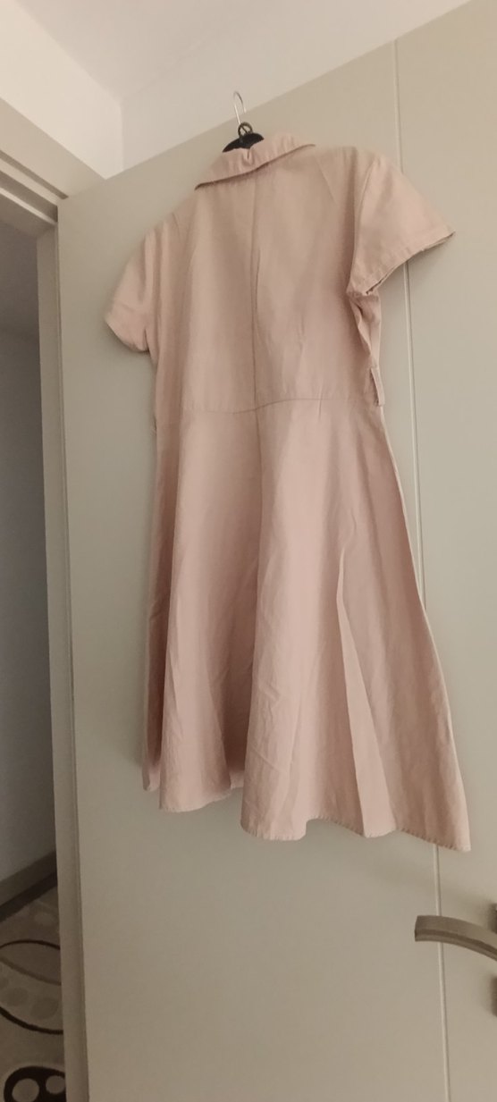 Bej Düğmeli Kısa Kollu Midi Elbise - Görsel 2