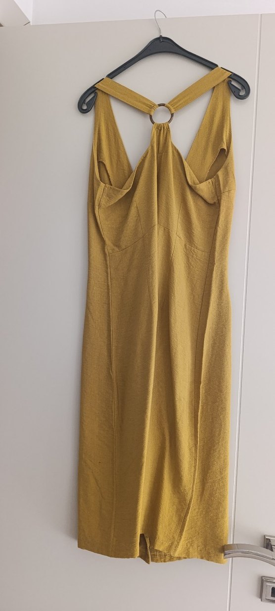 Sarı Keten Midi Bohem Elbise - Görsel 2