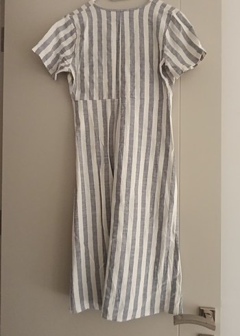 Düğmeli V Yaka Midi Keten Elbise - Görsel 2