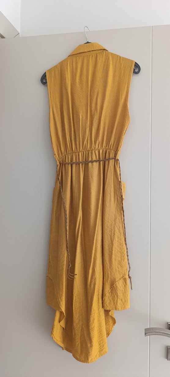 Sarı Kolsuz Uzun Keten Elbise - Görsel 2