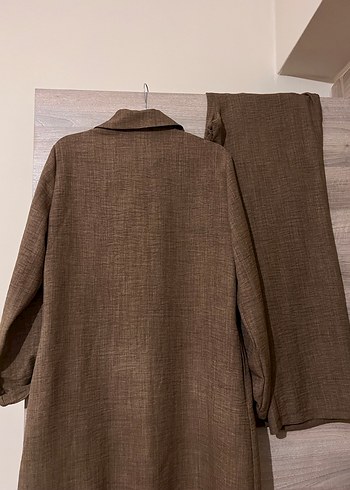 Düğmeli Kahverengi Keten Uzun Kadın Gömlek - Görsel 3
