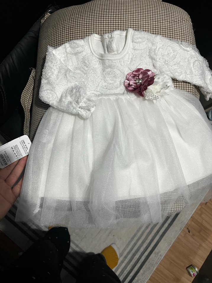 Uzun Kollu Beyaz Kız Çocuk Dantelli Elbise - Görsel 3