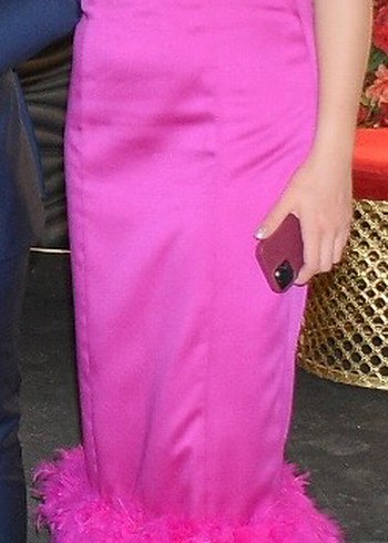 diğer Beden pembe Renk Pembe Uzun Abiye Elbise Tüy Detaylı