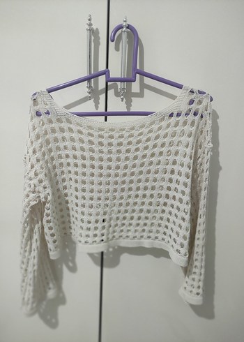 Beyaz Örgü Kadın Uzun Kollu Kazak - Görsel 3