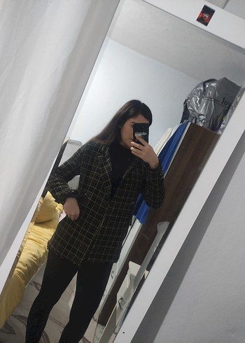 Ekose Desenli Kadın Midi Blazer Ceket - Görsel 6