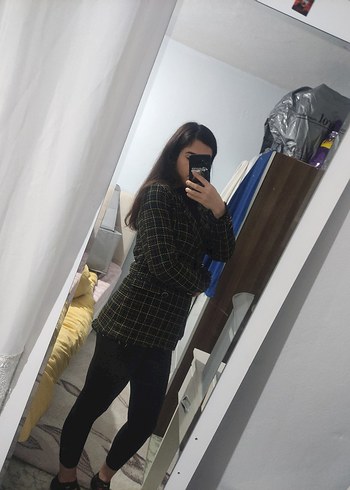 Ekose Desenli Kadın Midi Blazer Ceket - Görsel 2