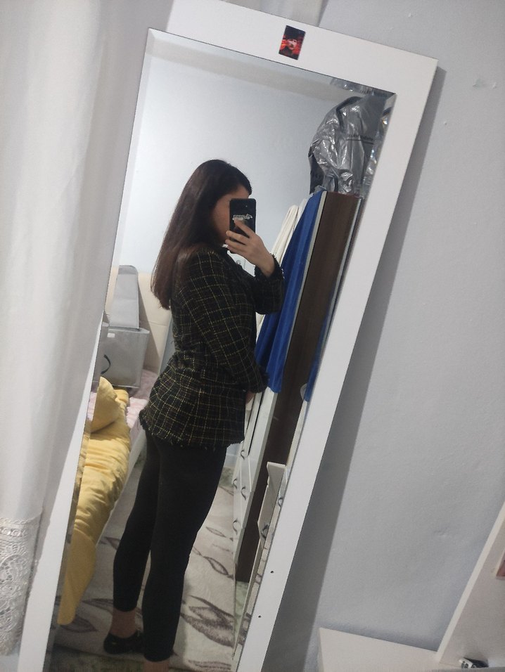 Ekose Desenli Kadın Midi Blazer Ceket - Görsel 3