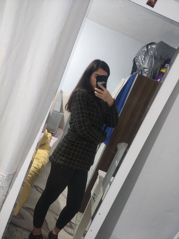 Ekose Desenli Kadın Midi Blazer Ceket - Görsel 2