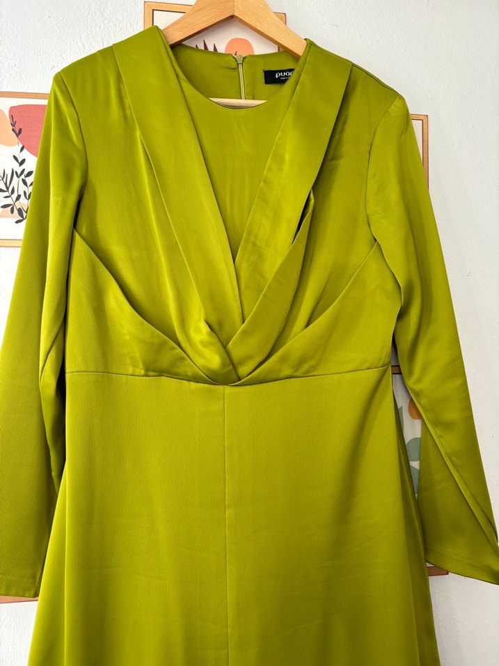 Yeşil İpek Görünümlü puane elbise - Görsel 4