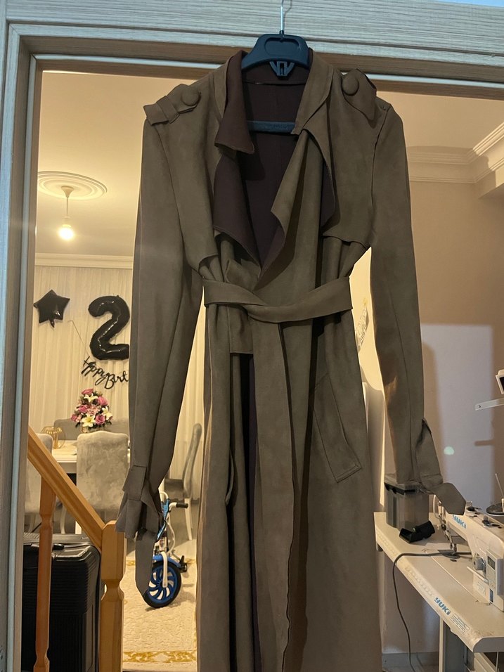 Gri Süet Uzun Kadın Trençkot - Görsel 3