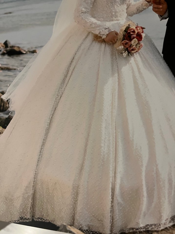 Vintage Beyaz Uzun Kollu A Kesim Gelinlik - Görsel 4