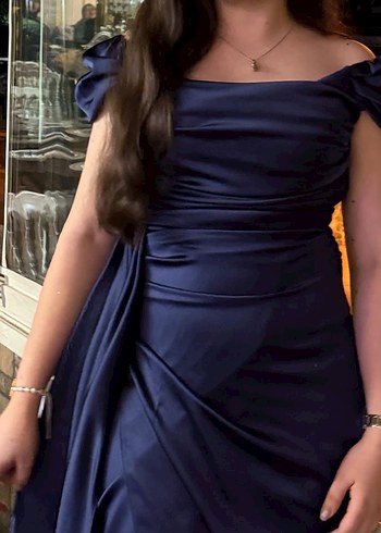 Parlak Lacivert Drapeli Uzun Abiye Elbise - Görsel 2