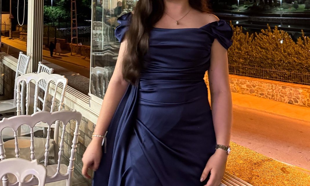 Parlak Lacivert Drapeli Uzun Abiye Elbise - Görsel 2