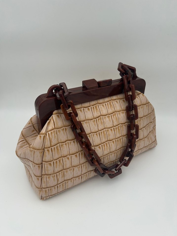 Bej Deri Yılan Desenli Zincir Detaylı Kadın Portföy Çanta - Görsel 2