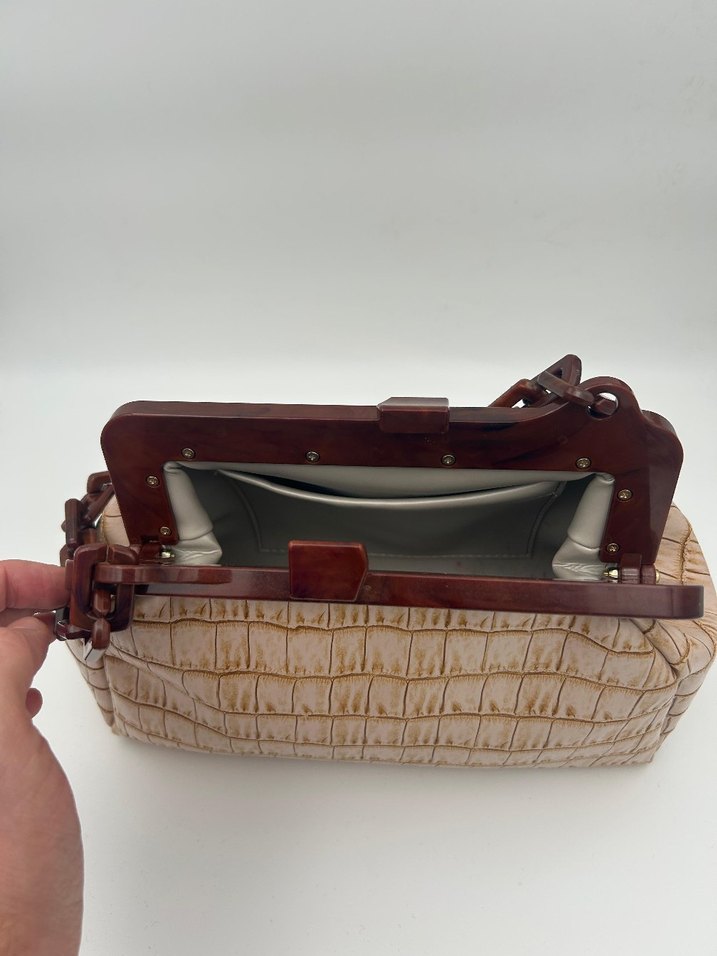 Bej Deri Yılan Desenli Zincir Detaylı Kadın Portföy Çanta - Görsel 3