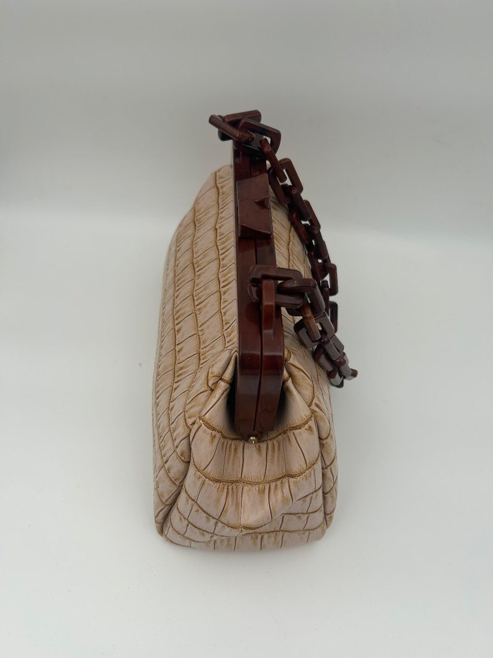 Bej Deri Yılan Desenli Zincir Detaylı Kadın Portföy Çanta - Görsel 4