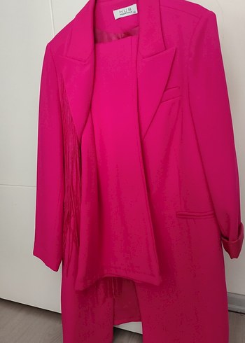 Püsküllü Pembe Uzun Kadın Blazer Ceket - Görsel 3